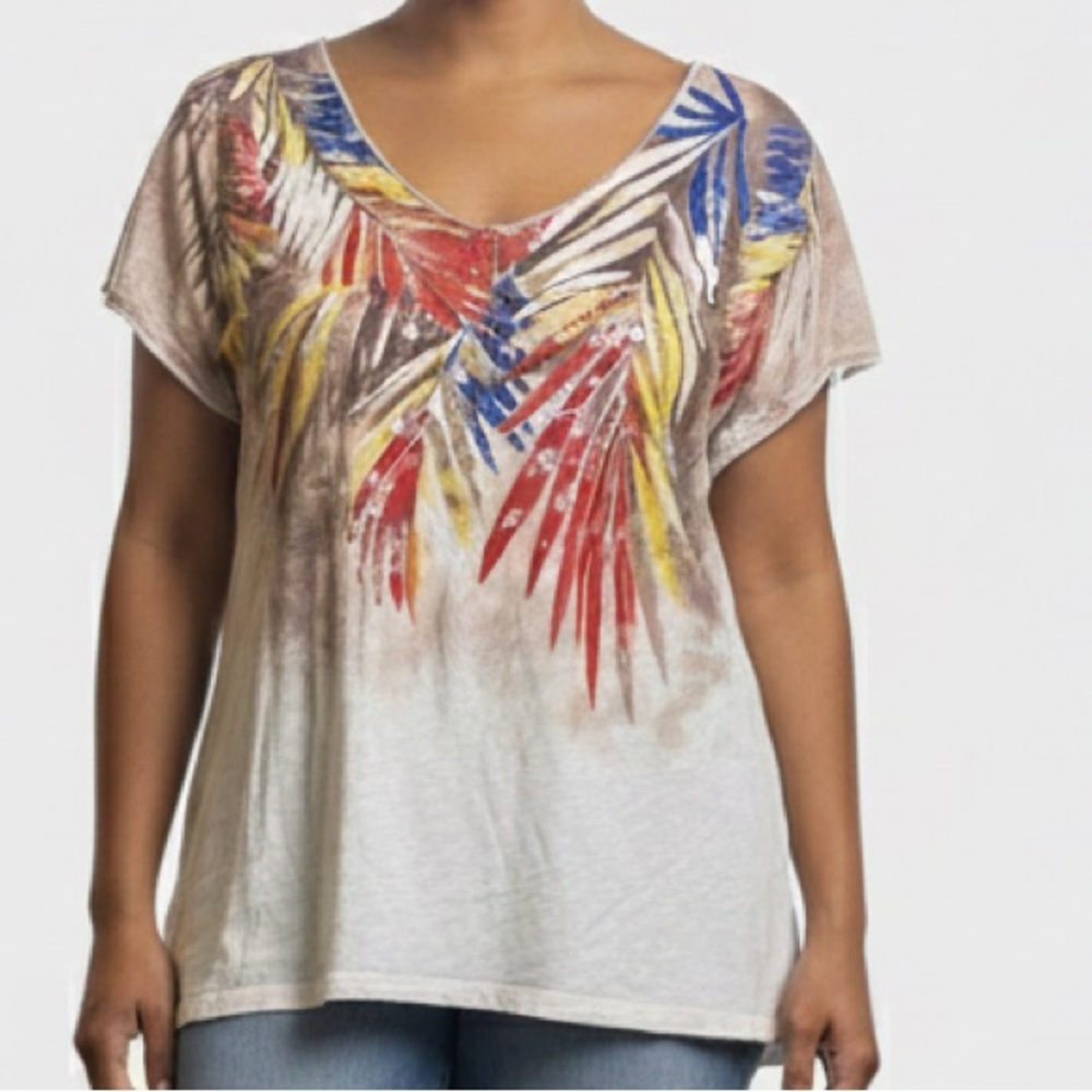 Relativity Women‎ XL Tropical Palm Leaf Sequin Graphic Short Sleeve Tee